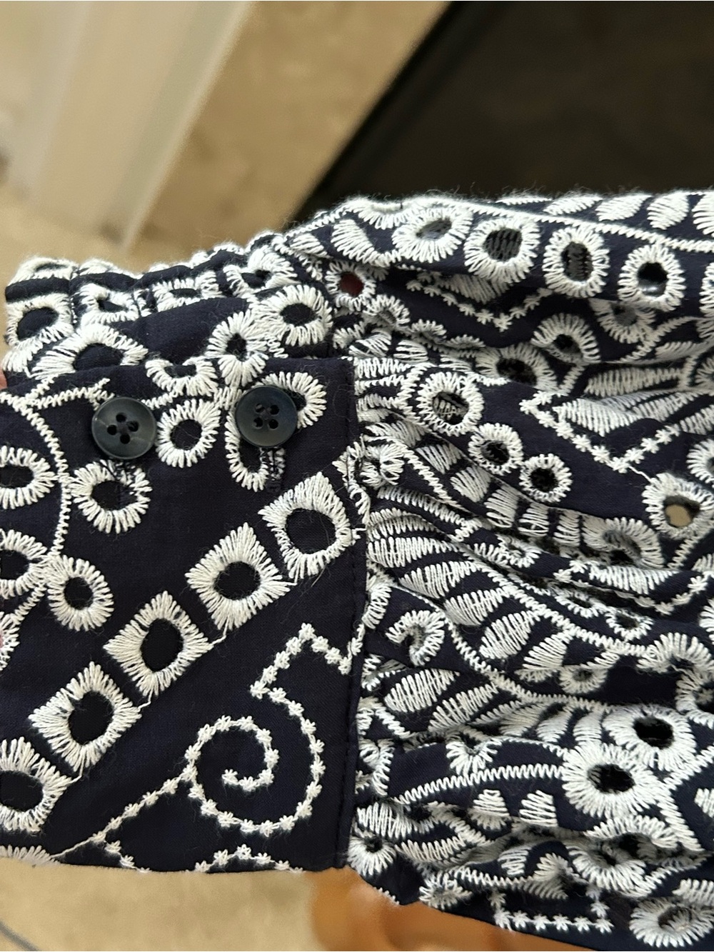 Chico's Navy and White Eyelet-Print Billowy Button Shirt - Picture 8 of 12